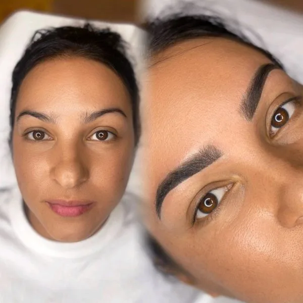 Before and after brow result — full face, natural to defined dark brows