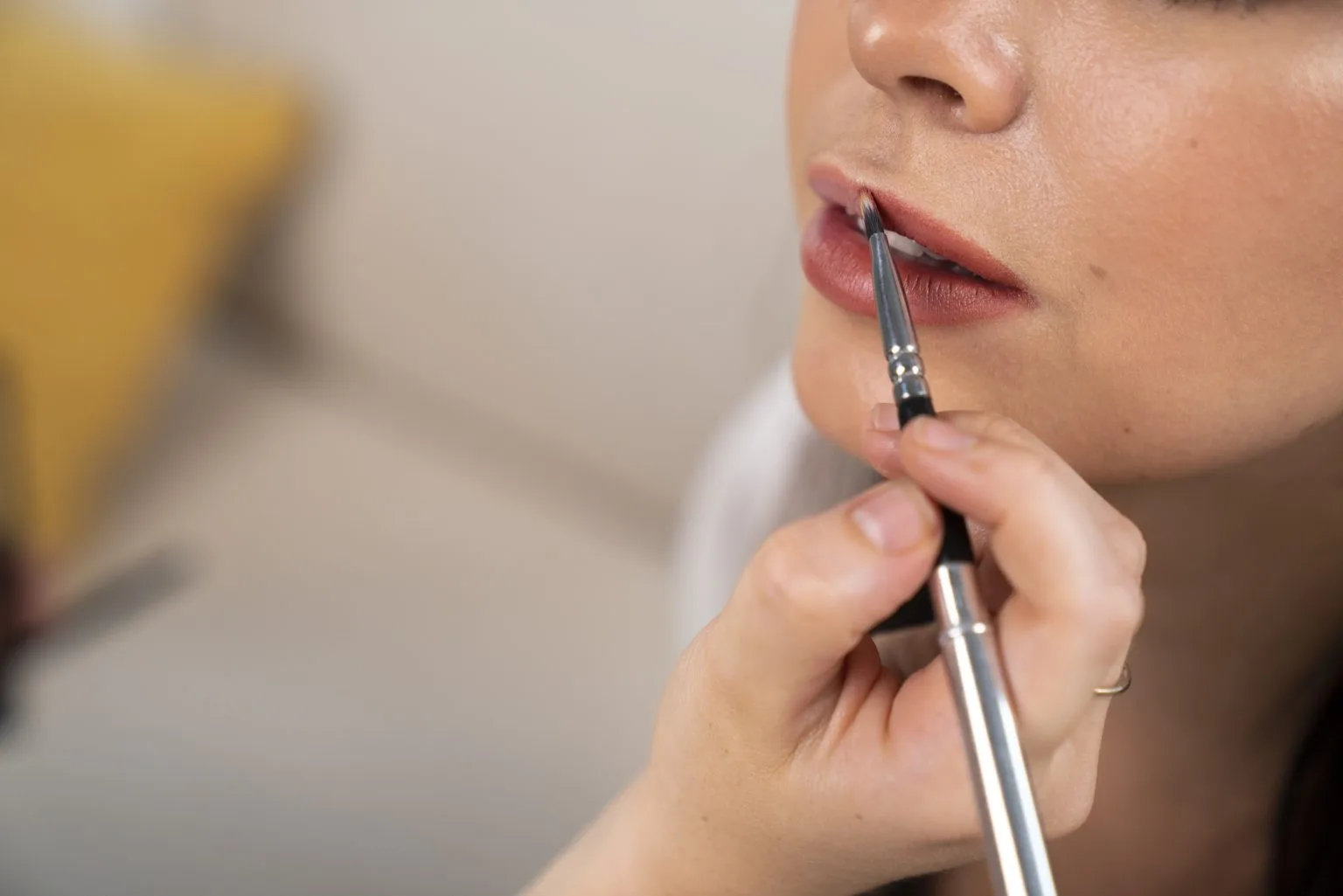 Lip colour being applied — fine brush, rose pigment, lower face